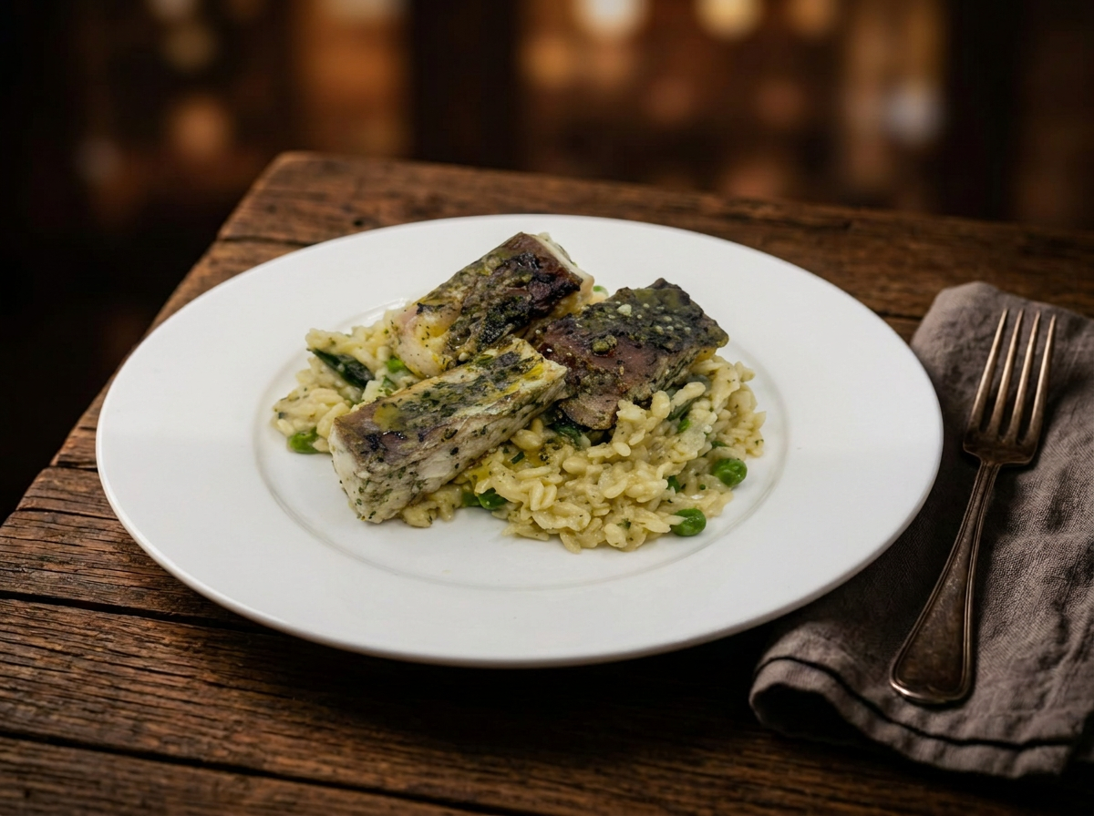 Herb & lemon baked barramundi on creamy orzo with peas