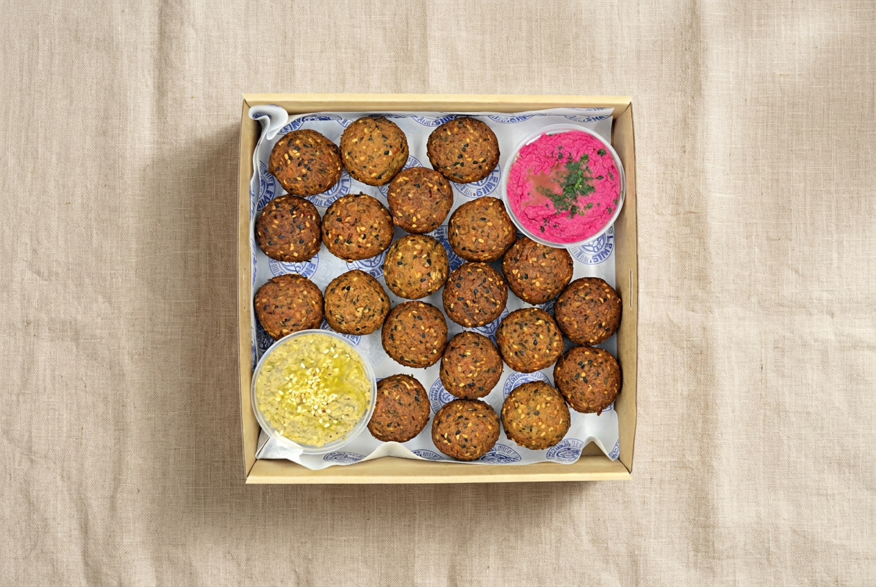 Felafel Bites Platter with Beetroot Hummus and Baba Ghanoush
