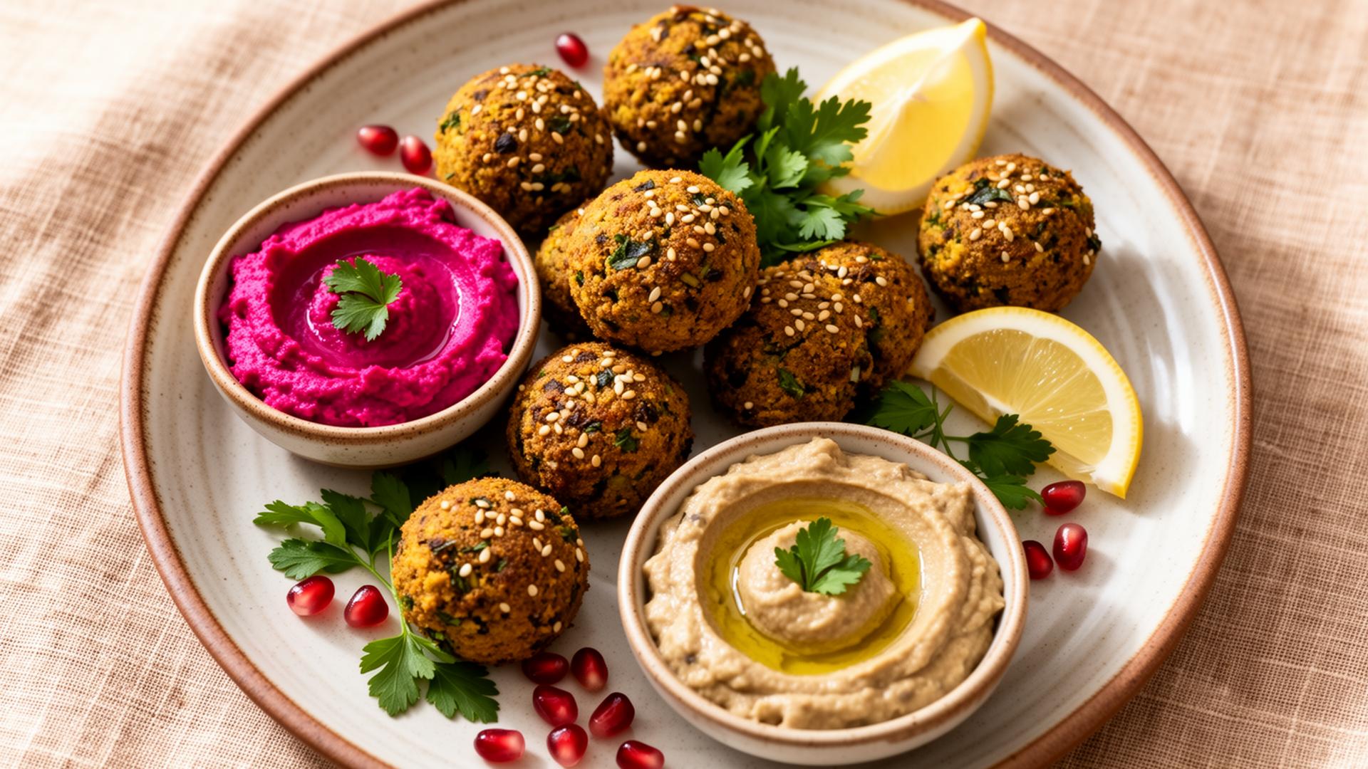 Felafel Bites Platter with Beetroot Hummus and Baba Ghanoush