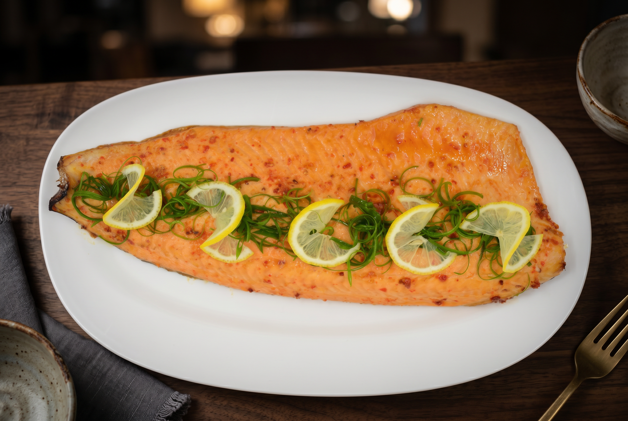 Whole harissa-baked salmon, plated for service