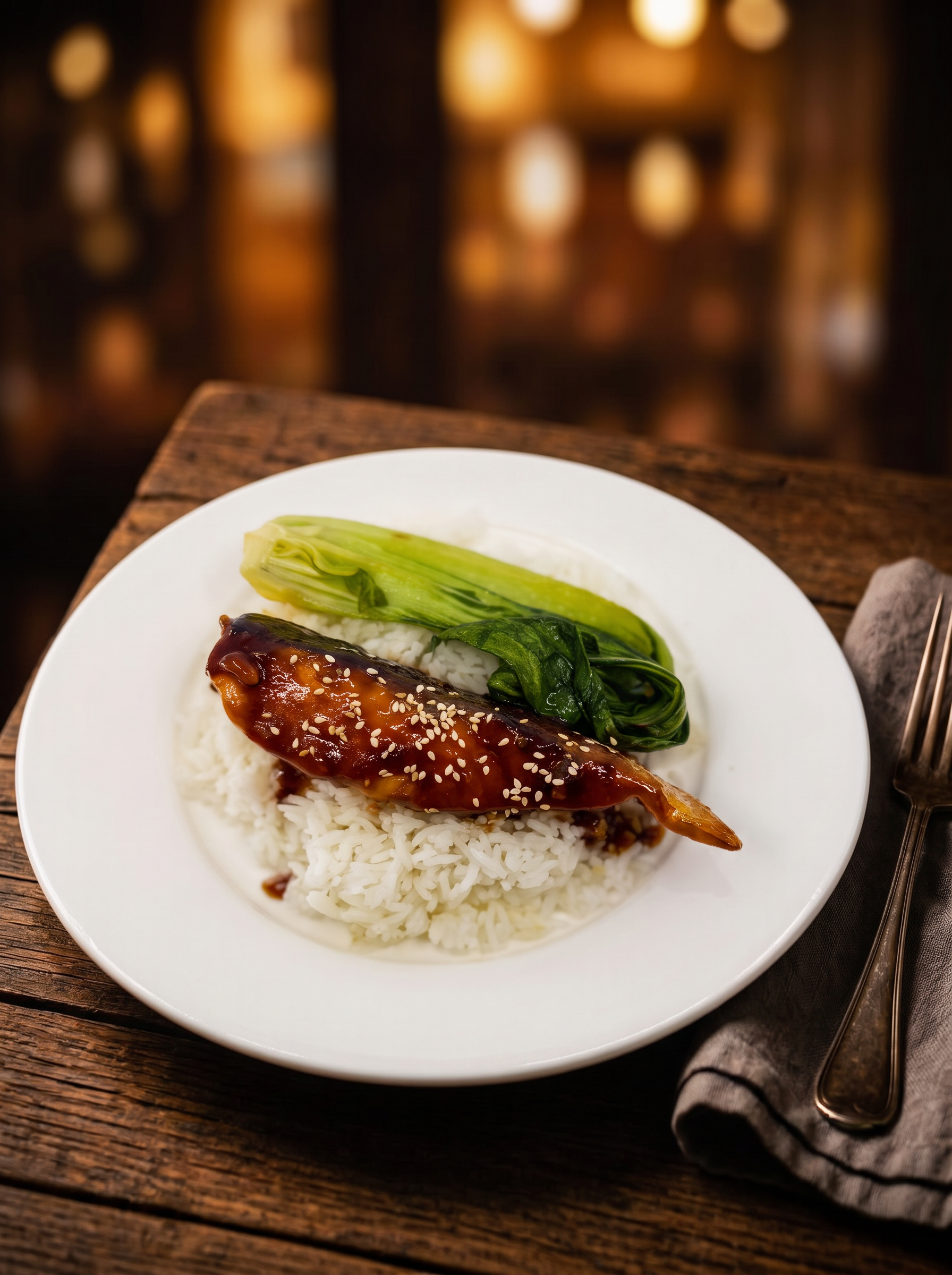 Pan fried salmon with teriyaki sauce, rice and bok choy